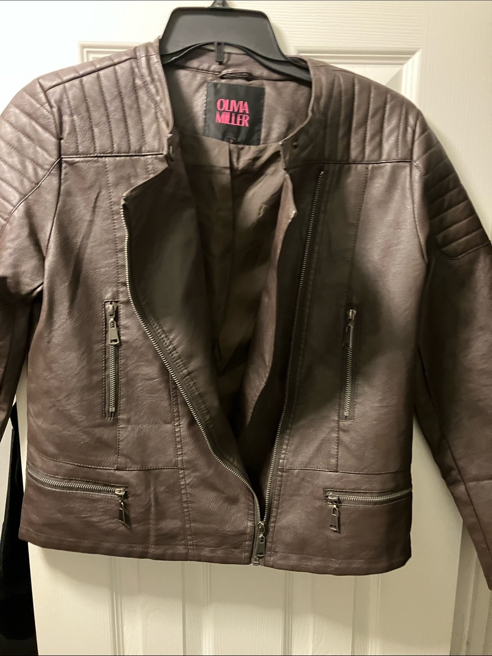 Brown Faux Leather Bomber Jacket with Quilted Shoulders